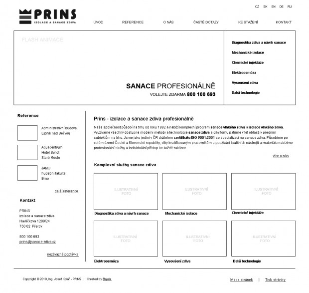 Wireframe - drátěný model úvodní strany webu Prins